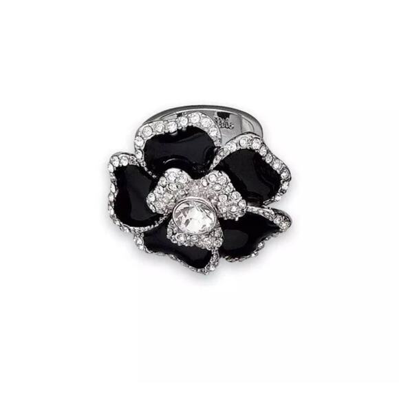 Lia Sophia Blooming Ring Black Dahlia Flower Rhinestone Statement Cocktail Sz 7 - Picture 2 of 6